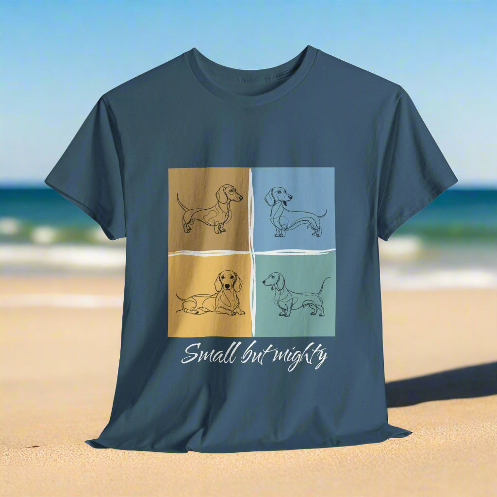 Dachshund shirt Small But Mighty in Indigo Blue with dachshund illustrations and 'Small but mighty' Dachshund shirt Small But Mighty