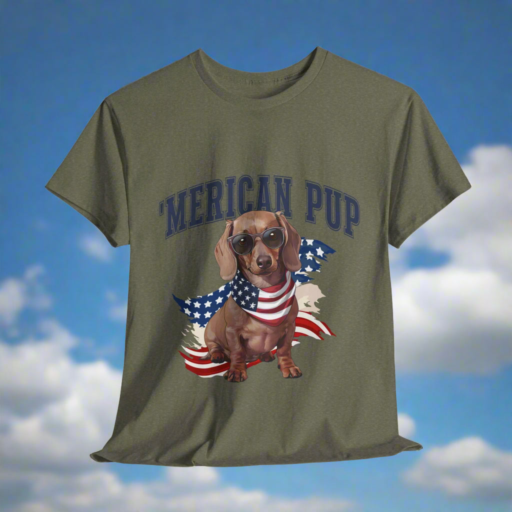 Dachshund shirt with 'Merican Pup in Heather Military Green featuring a dog wearing sunglasses and an American flag bandana