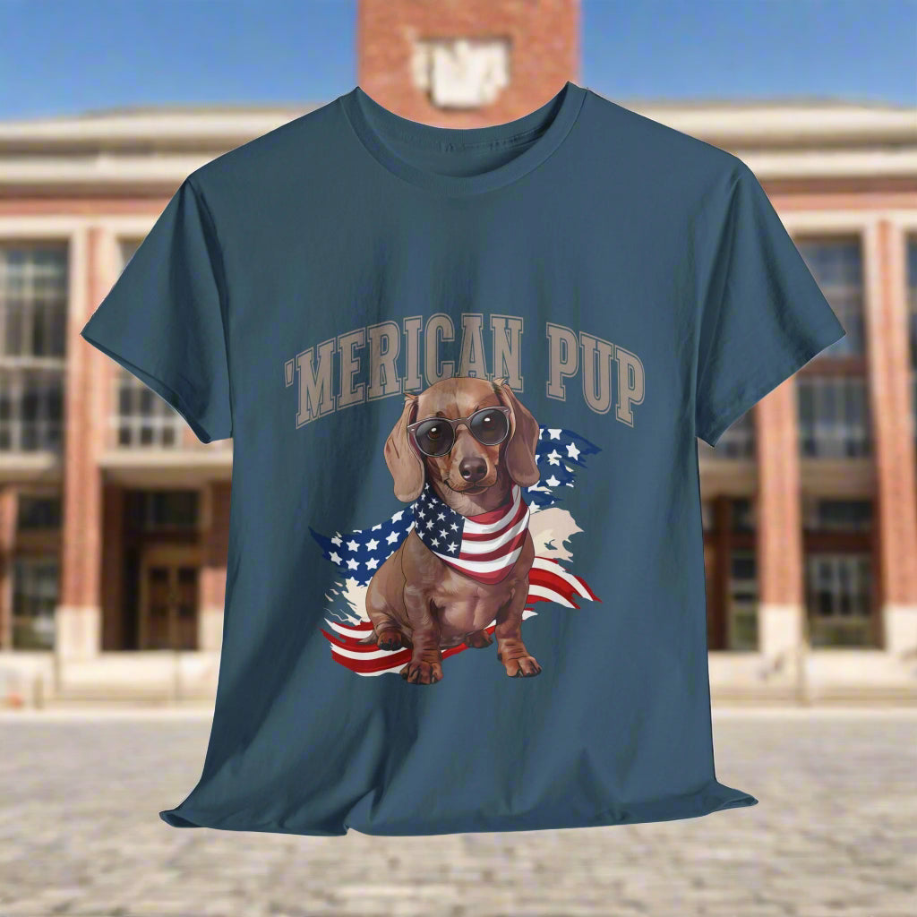 Dachshund shirt with 'Merican Pup in Indigo Blue wearing sunglasses and an American flag, text 'MERICAN PUP'