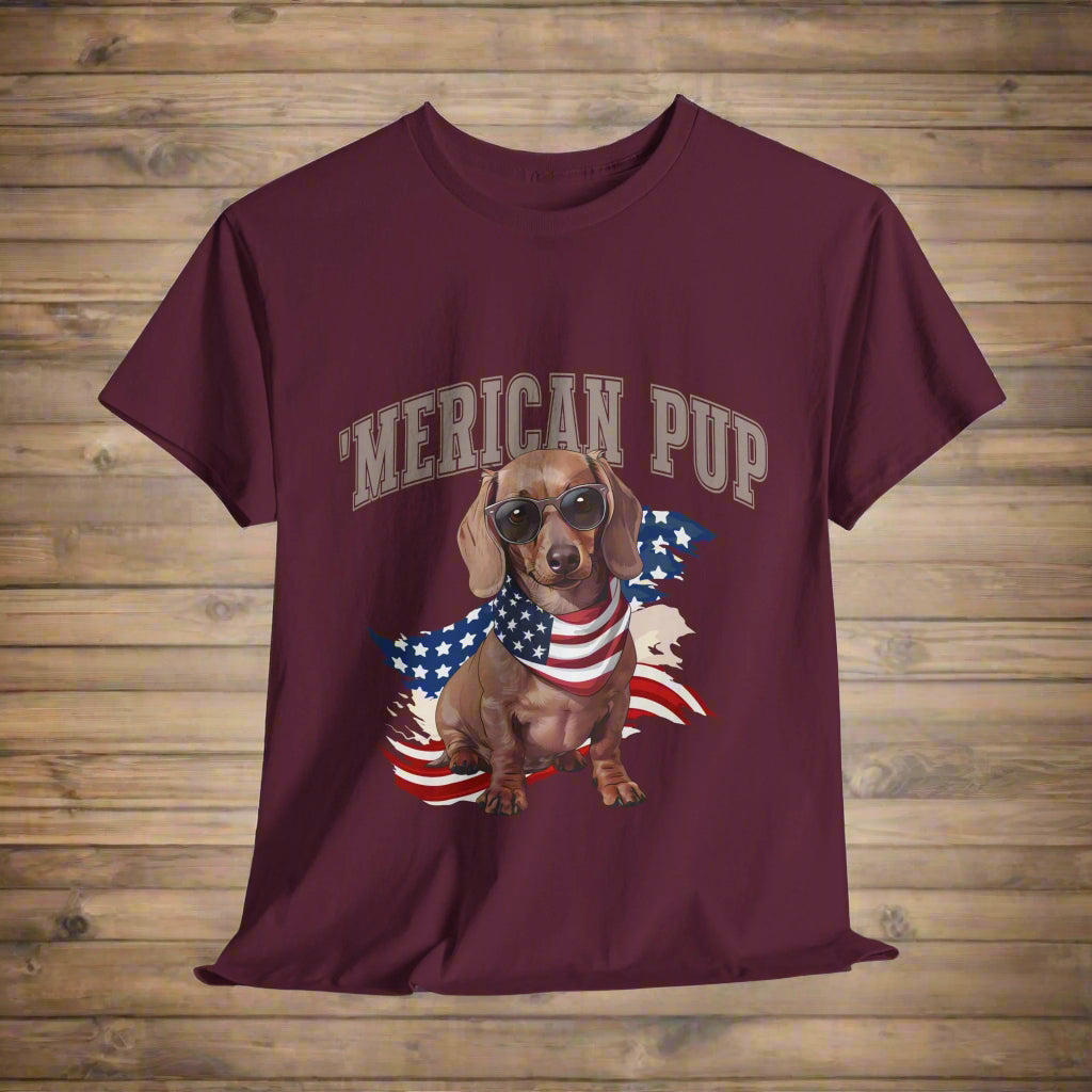 Dachshund shirt with 'Merican Pup in Maroon featuring a dog wearing sunglasses and an American flag scarf