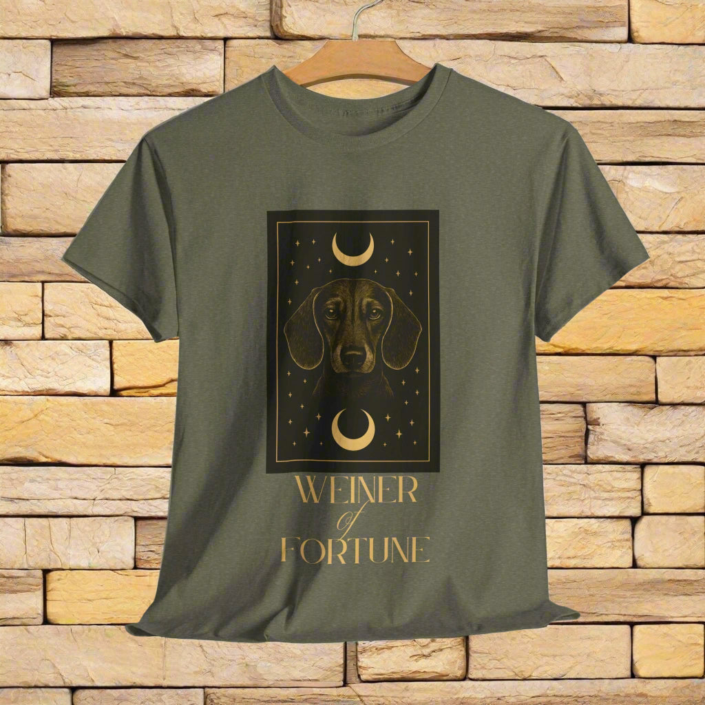 Dachshund shirt with Weiner of fortune in heather military green