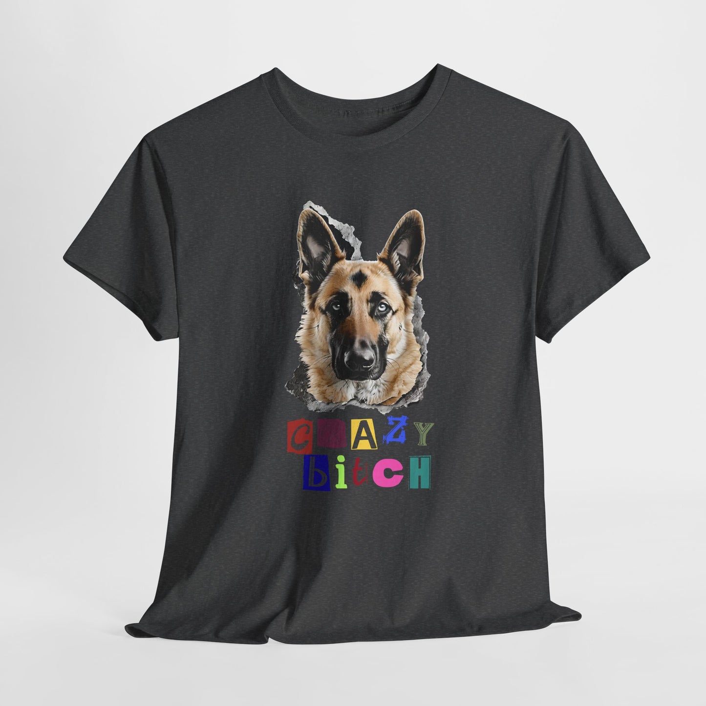 Dark Gray t-shirt with a dog graphic and colorful text on a light gray background