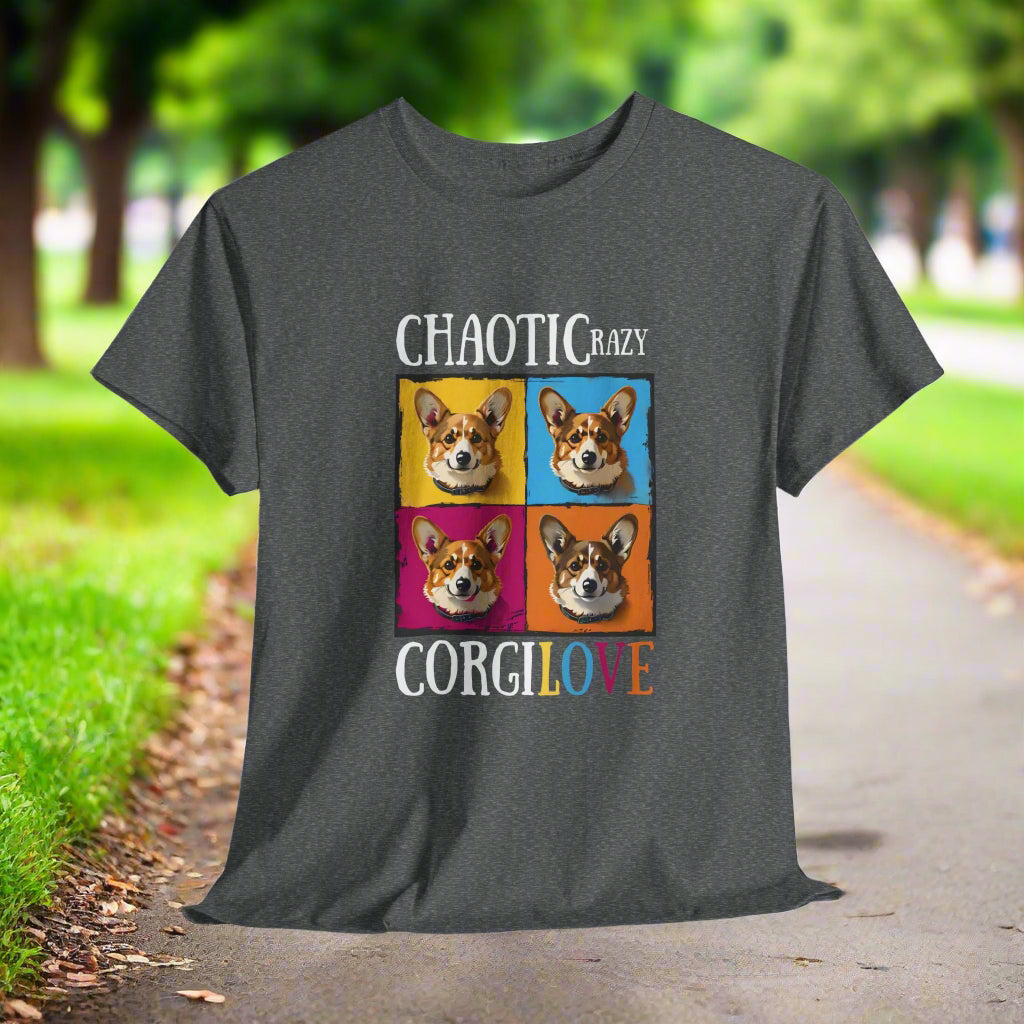 Dark Heather t-shirt with colorful corgi graphic and text on a white background