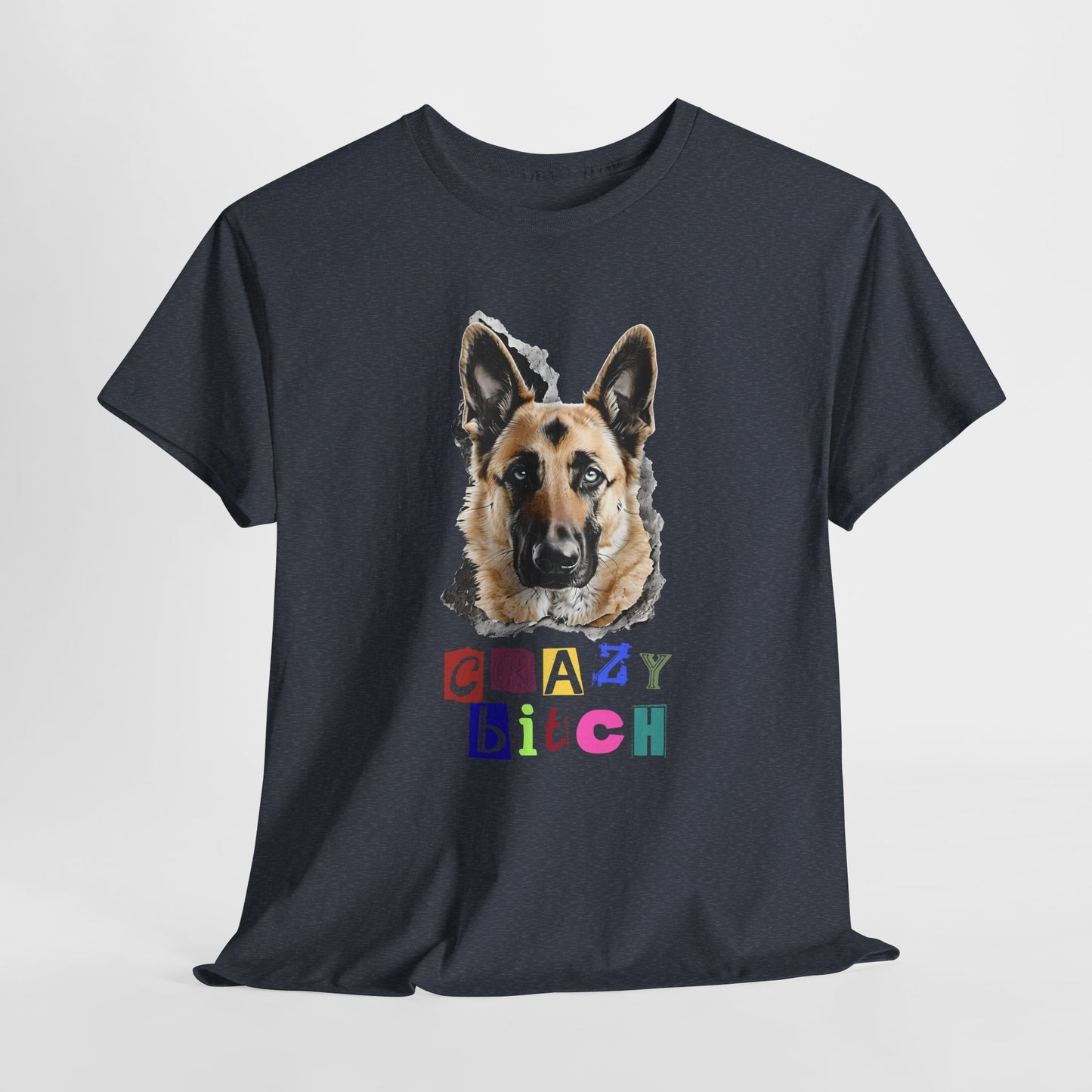 Black t-shirt with a graphic of a dog and colorful text on a white background