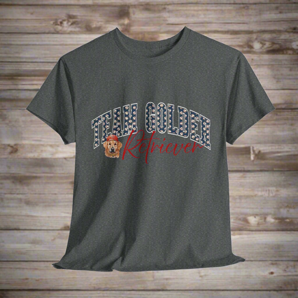 Dark gray t-shirt with 'Happy Golden Retrievers' text and dog graphic on a light gray background