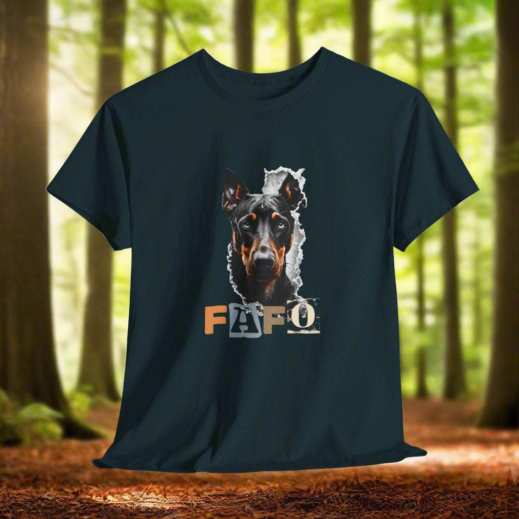 Midnight doberman t-shirt with a dog graphic and 'FAFO' text on a light gray background