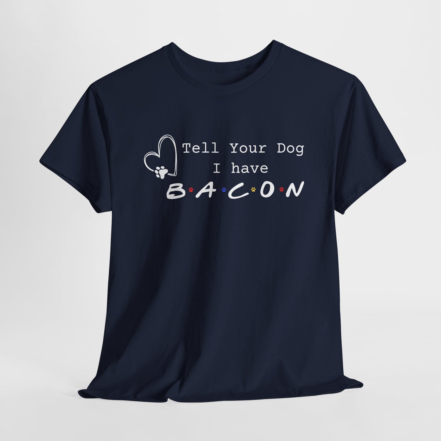 Navy blue t-shirt with humorous text design on a light gray background