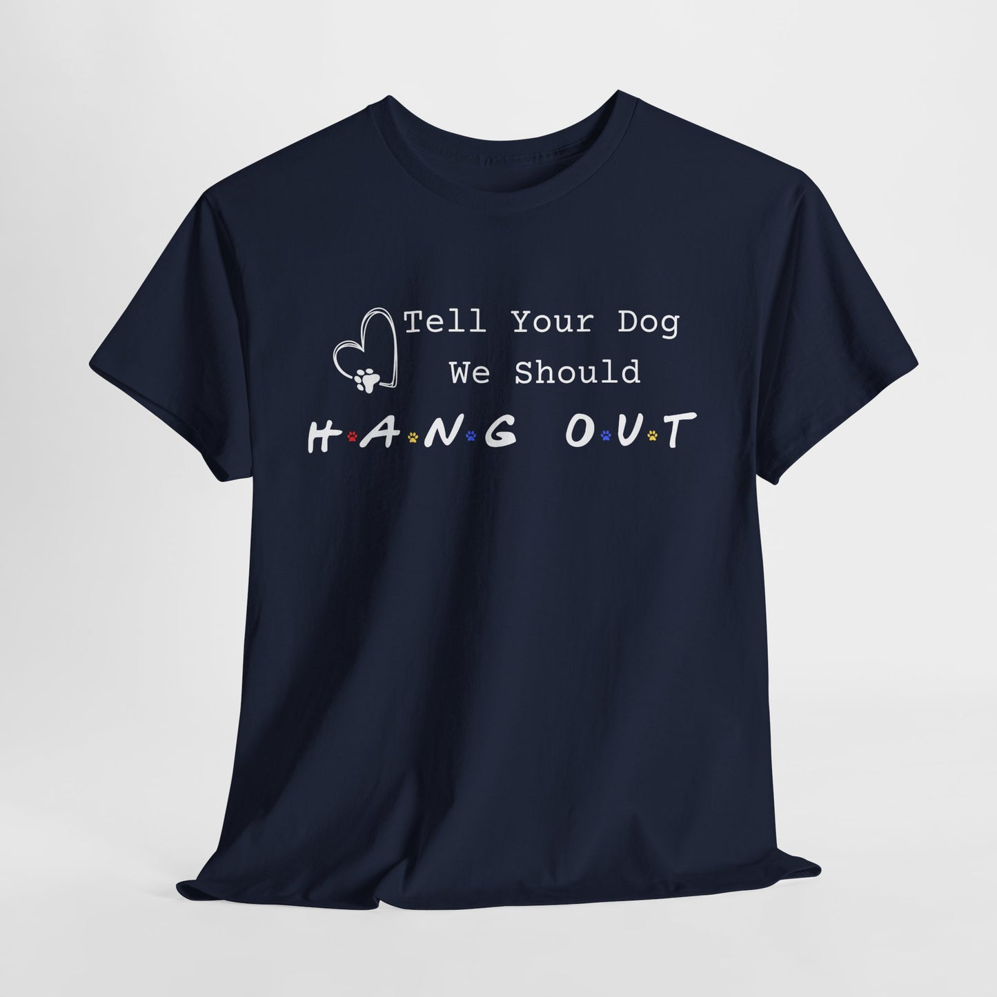 Navy blue t-shirt with humorous text design on a light gray background