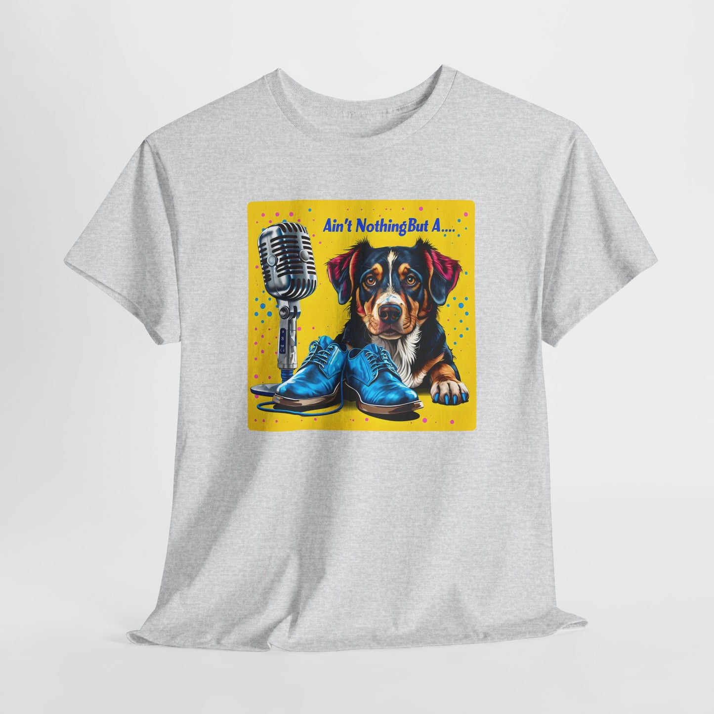 Ash dog love tshirte with a colorful graphic of a dog, microphone, and shoes on a white background