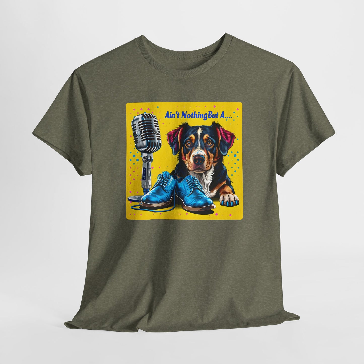 Heather Military Green dog love tshirte with a dog graphic and microphone on a white background