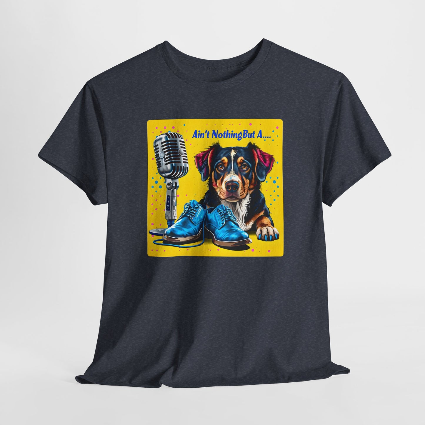 Heather Navy dog love tshirte with a colorful graphic of a dog, shoes, and microphone on a white background