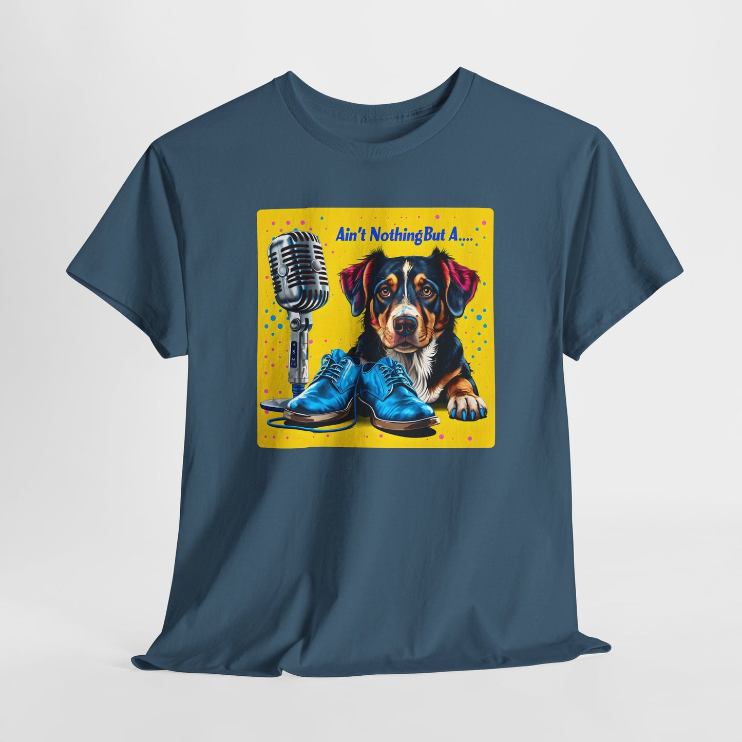Indigo blue dog love tshirte with a dog and microphone graphic on a white background