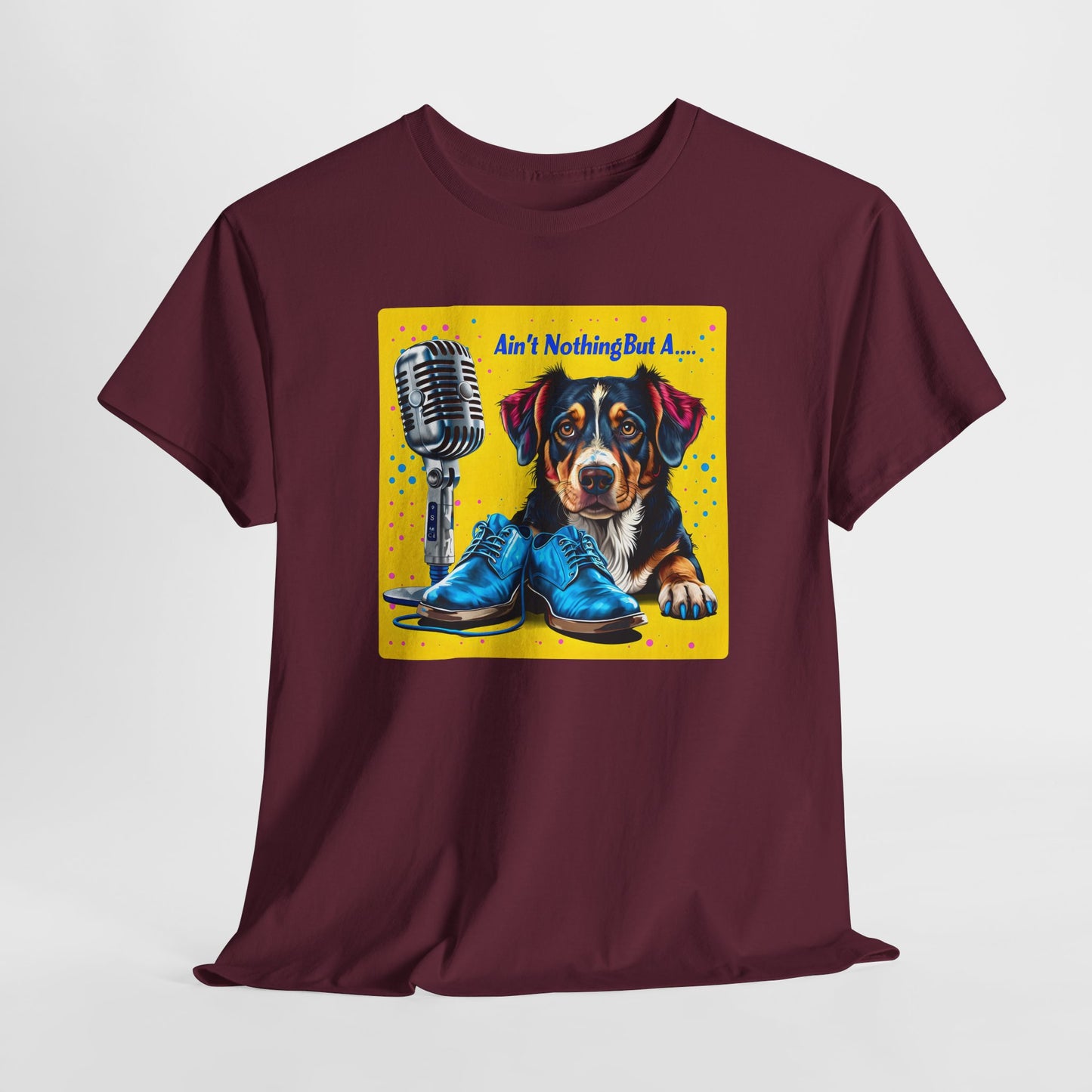 Maroon dog love tshirte with a colorful graphic of a dog, shoes, and microphone on a white background