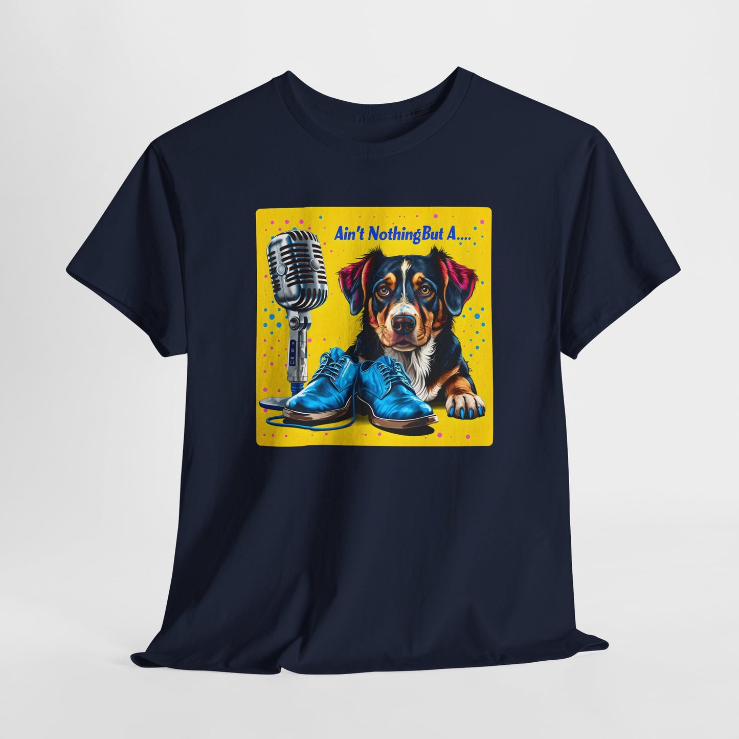 Navy dog love tshirte with a colorful graphic of a dog, microphone, and shoes on a white background