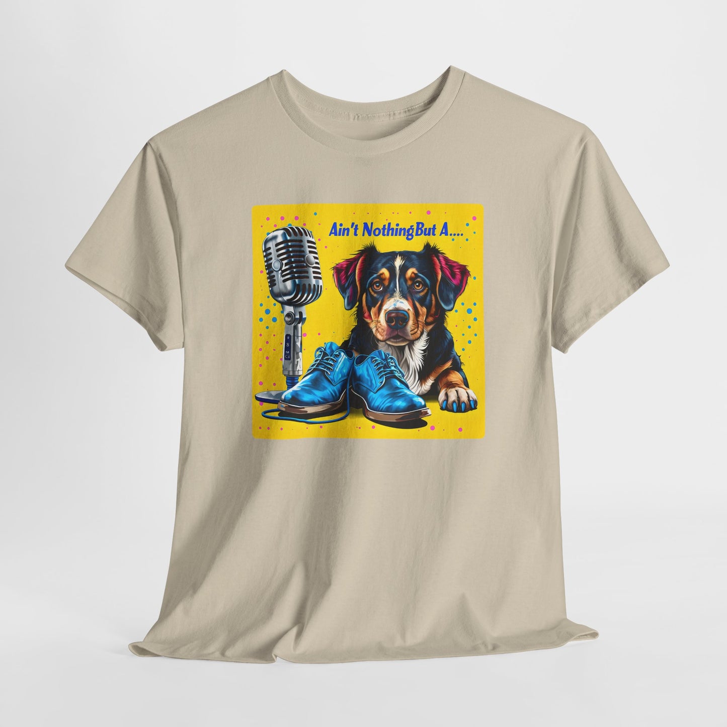 Sand dog love tshirte with a colorful graphic of a dog, shoes, and microphone on a white background
