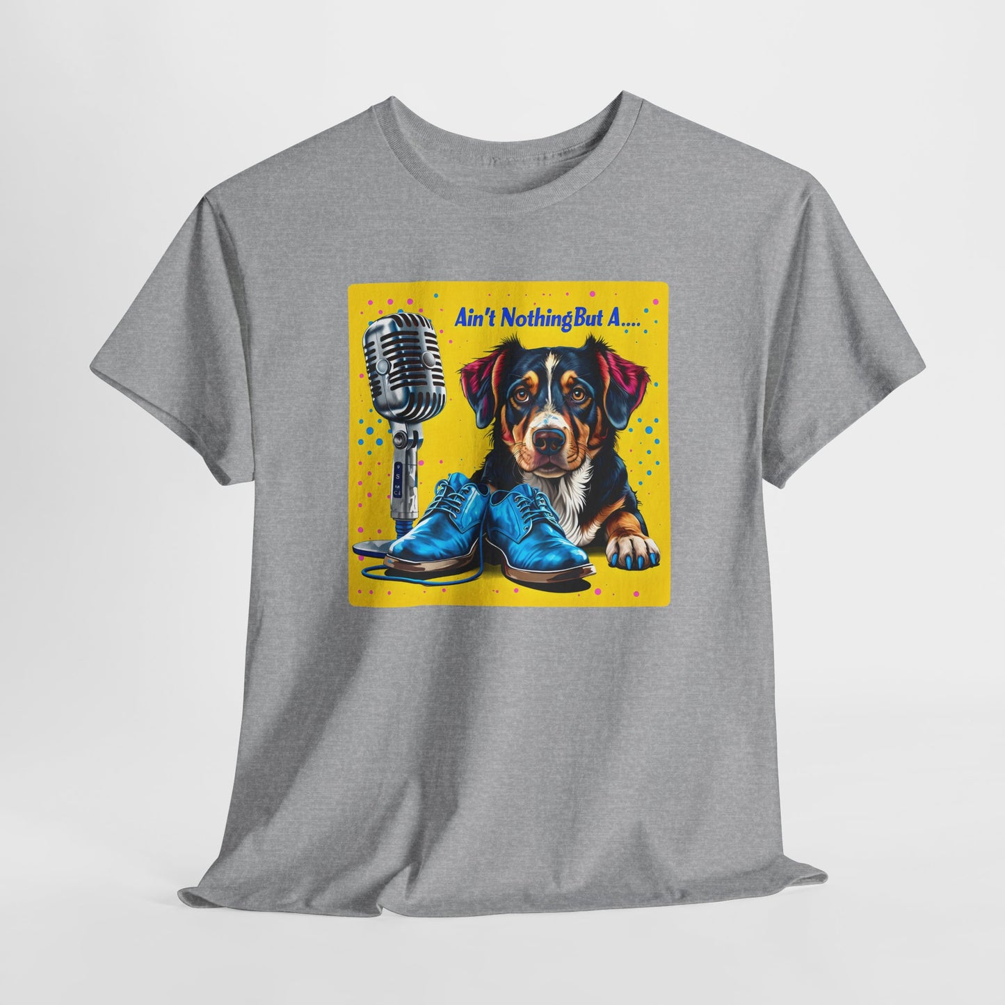 Sports Gray dog love tshirte with a colorful graphic of a dog, microphone, and shoes on a yellow background.