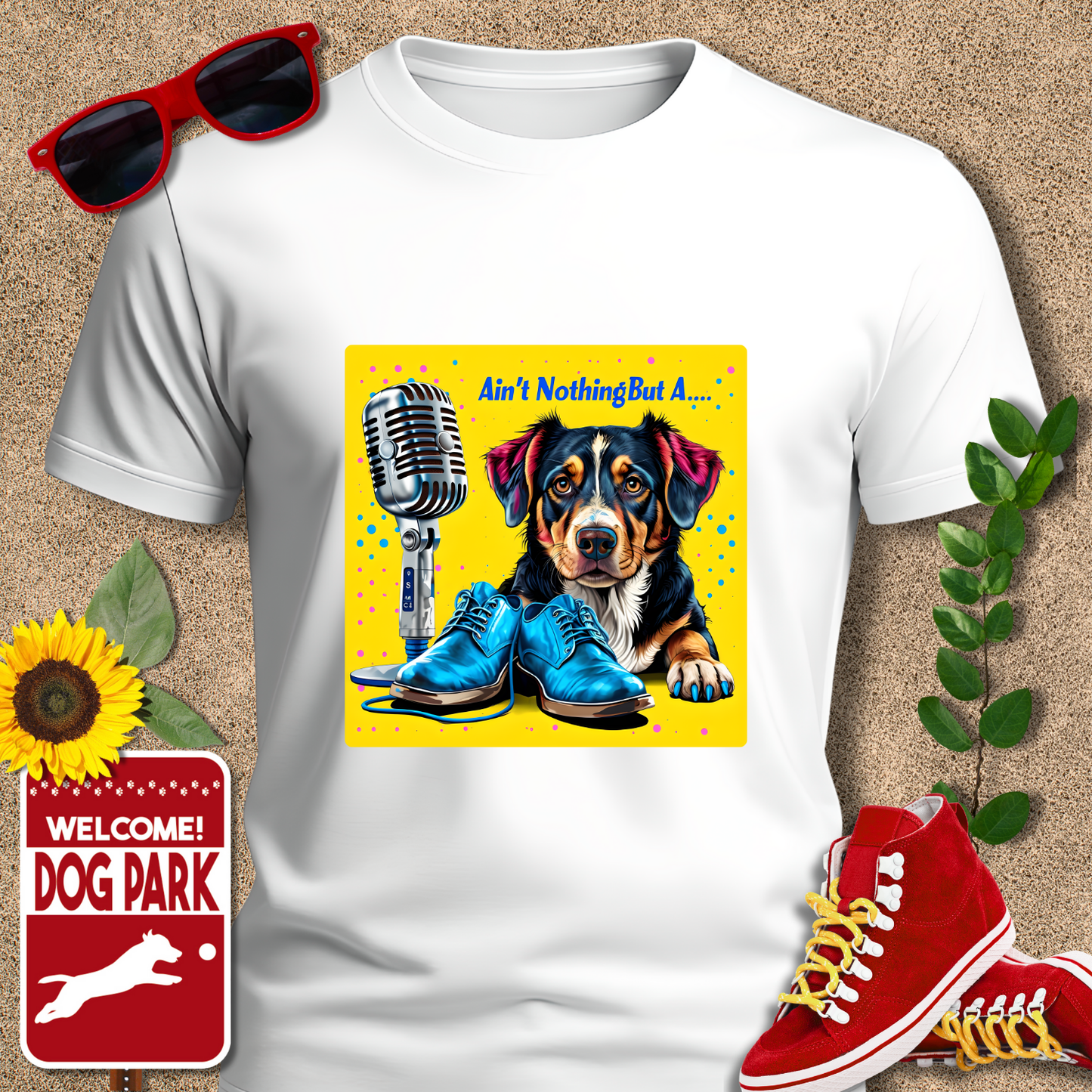 White dog love tshirte with a dog graphic and text on a textured beige background