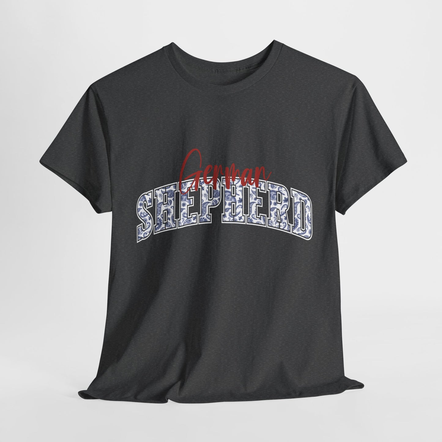 German Shepherd Tshirt with varsity and script lettering in dark heather