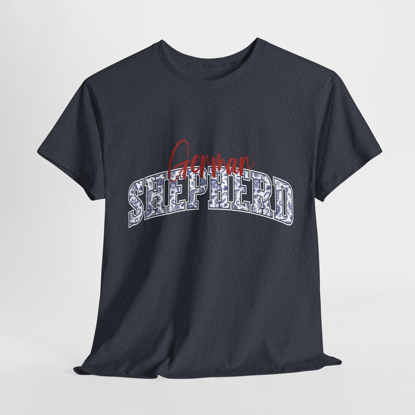 German Shepherd Tshirt with varsity and script lettering in heather navy