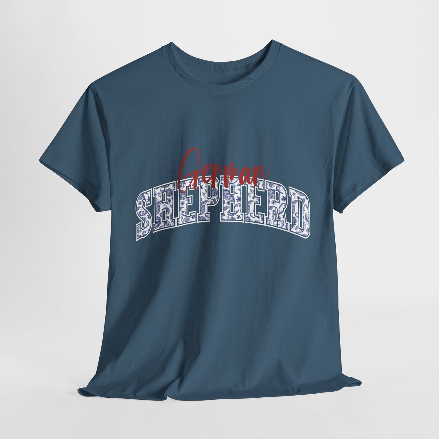 German Shepherd Tshirt with varsity and script lettering in indigo blue