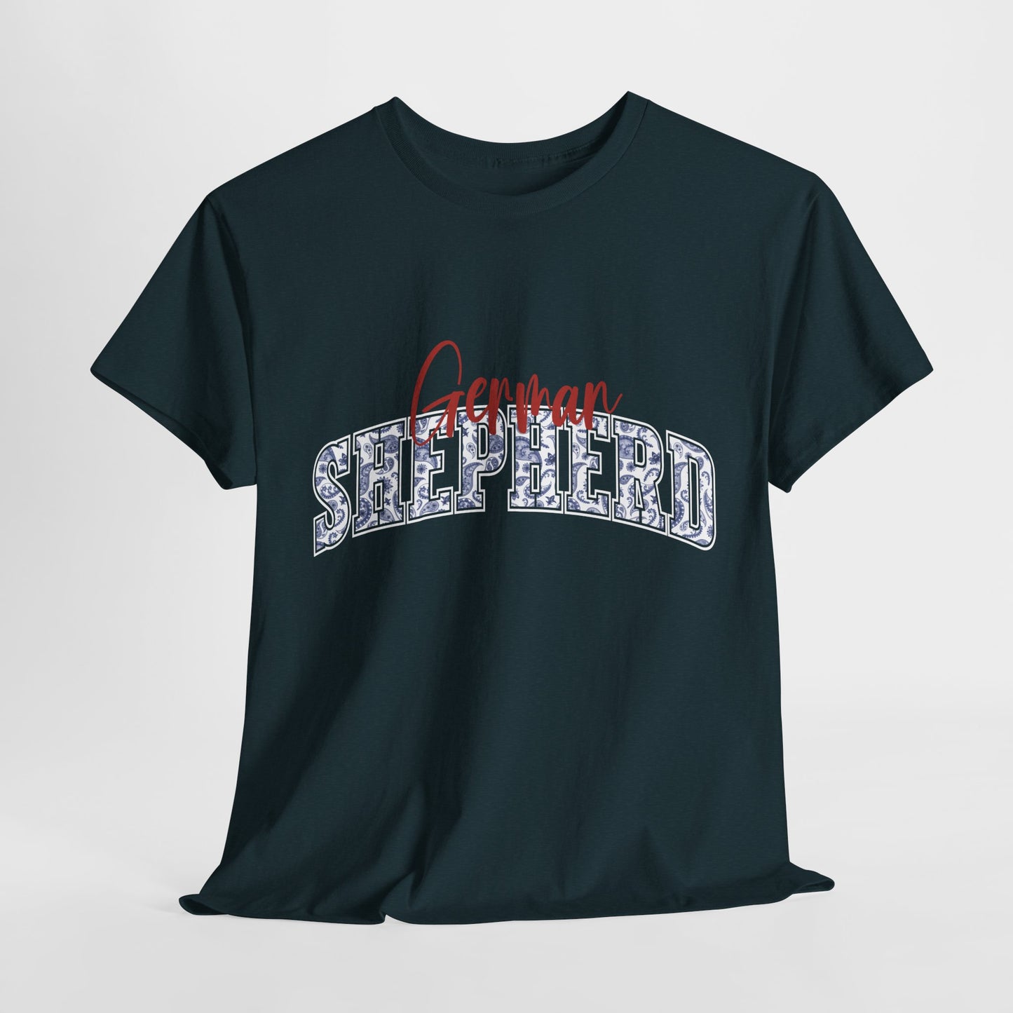 German Shepherd Tshirt with varsity and script lettering in midnight