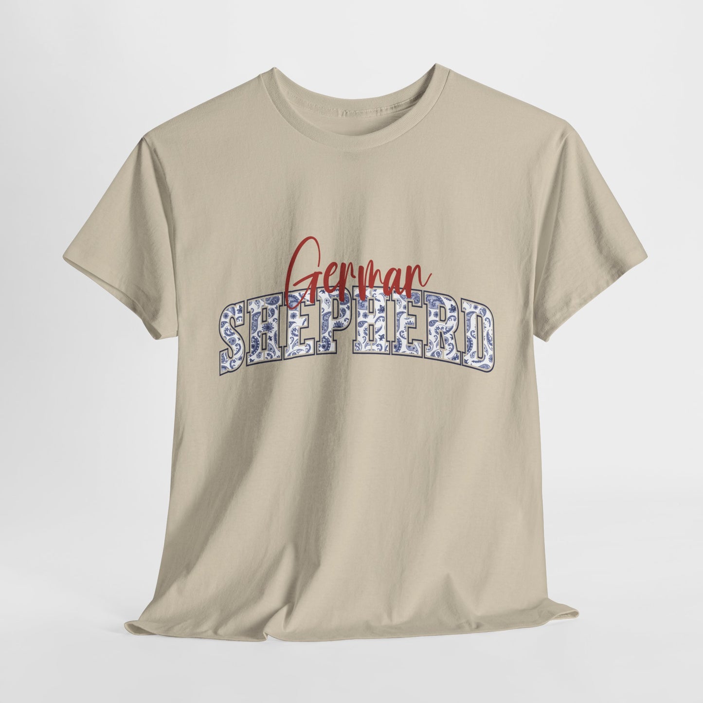 German Shepherd Tshirt with varsity and script lettering in sand
