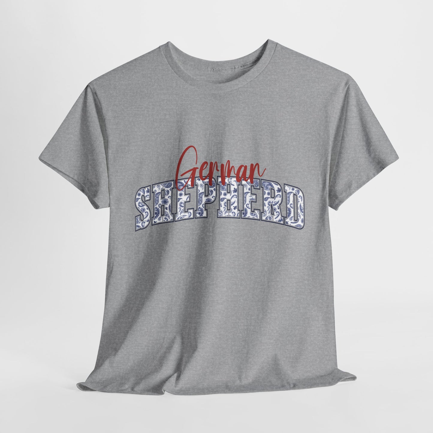 German Shepherd Tshirt with varsity and script lettering in sport gray