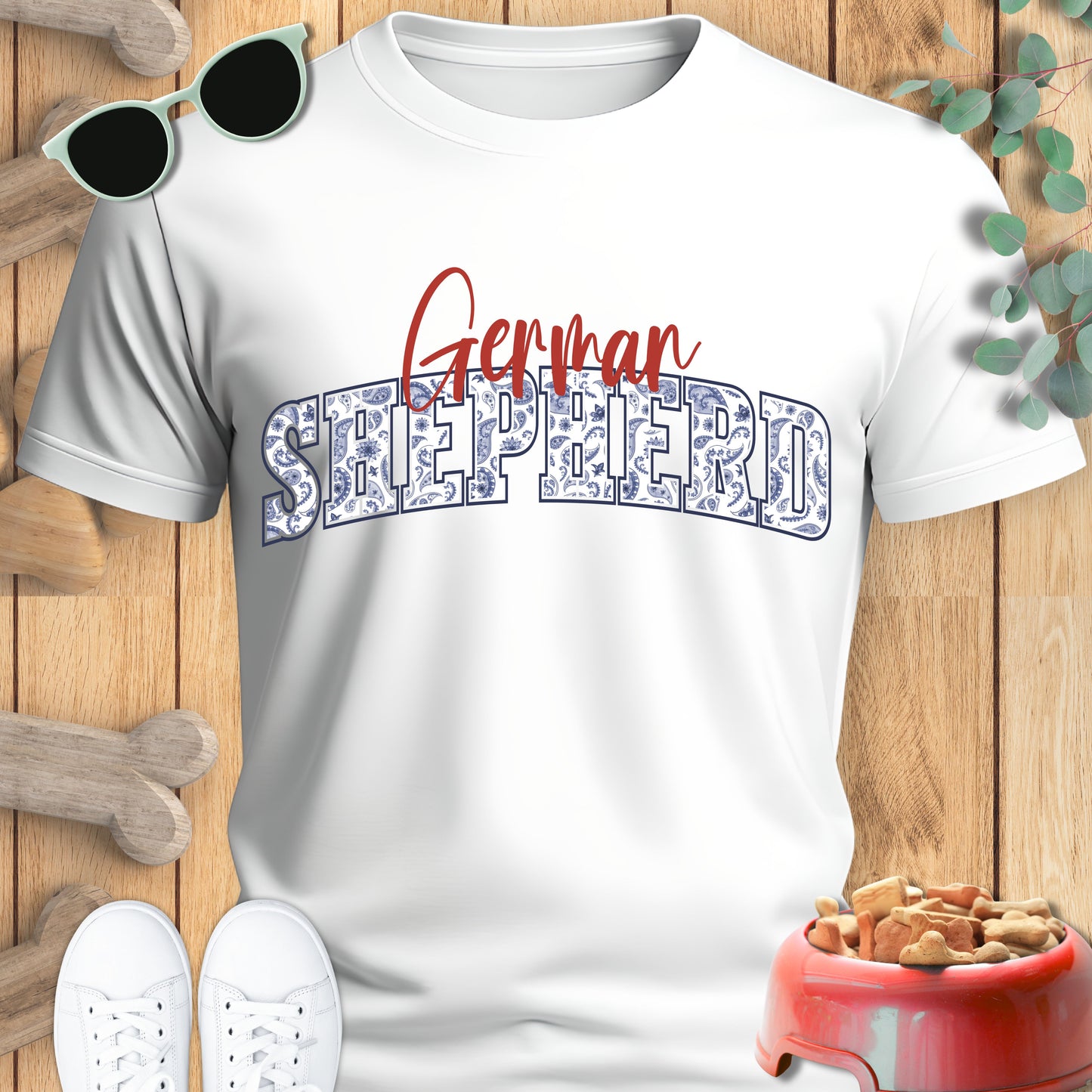 German Shepherd Tshirt with varsity and script lettering in white