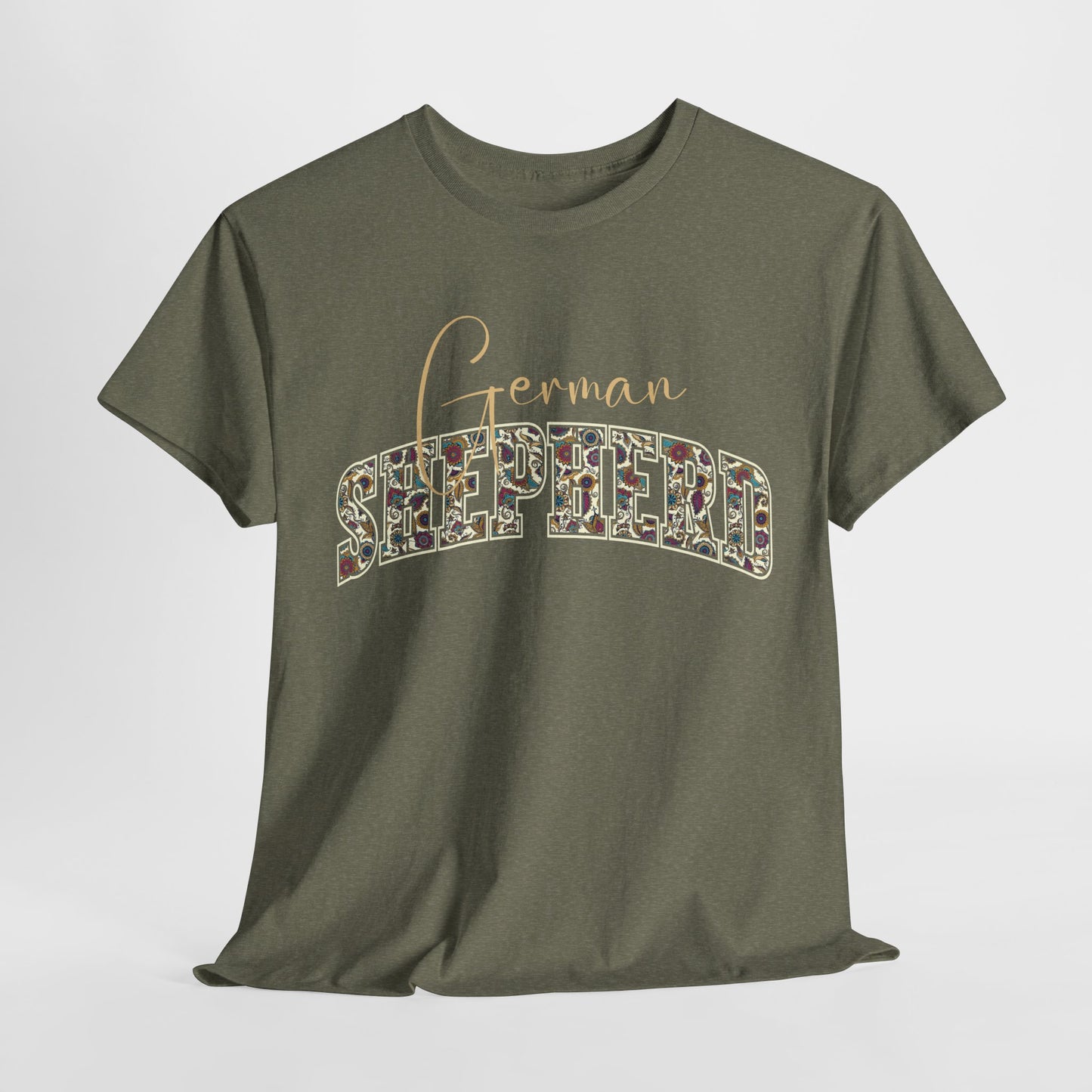 German shepherd tshirt in paisley design in heather military green