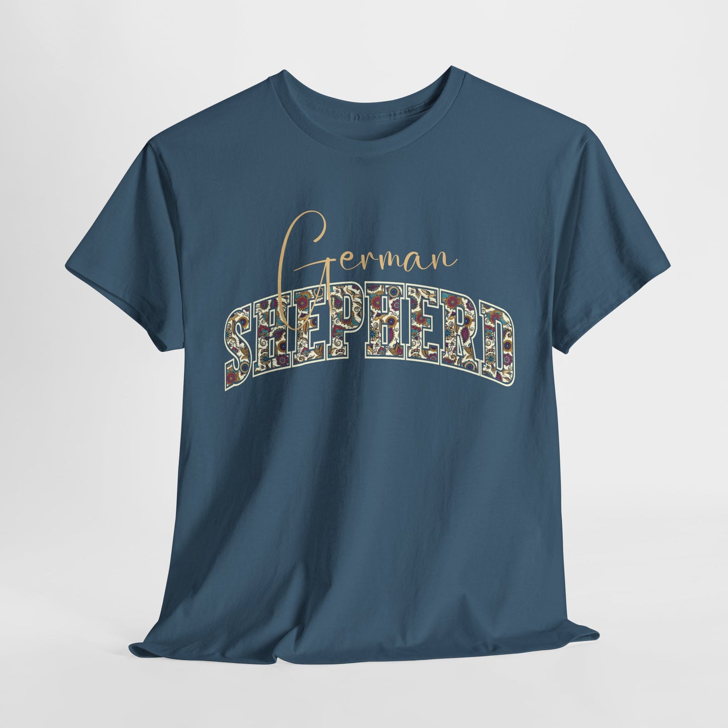 German shepherd tshirt in paisley design in indigo blue