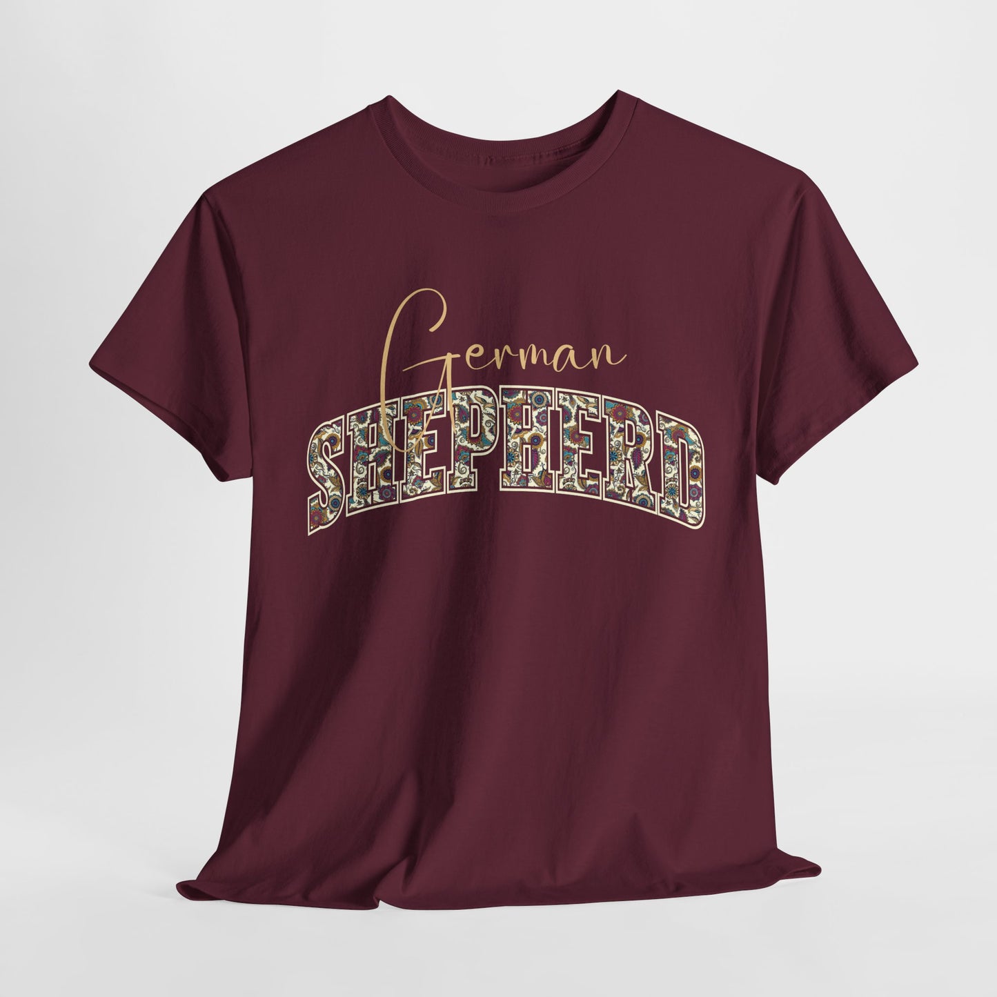 German shepherd tshirt in paisley design in maroon