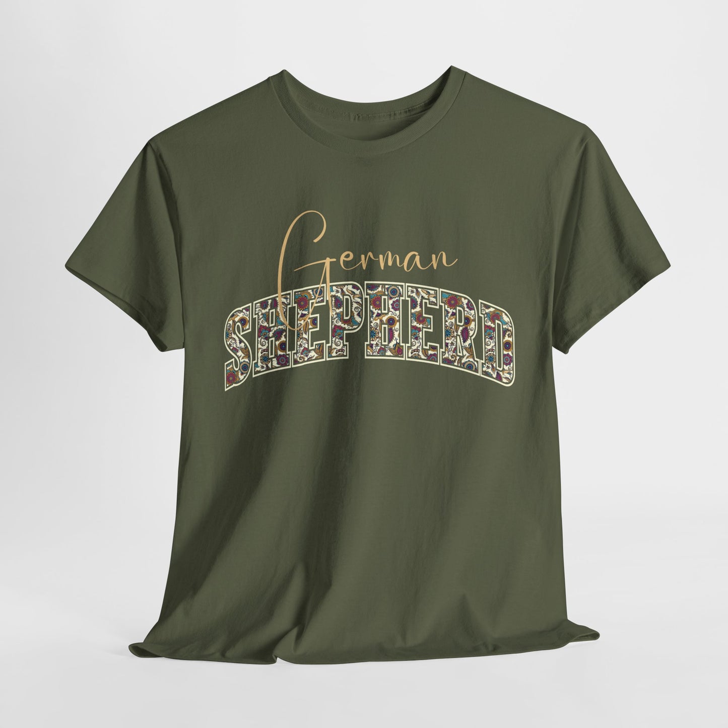 German shepherd tshirt in paisley design in military green