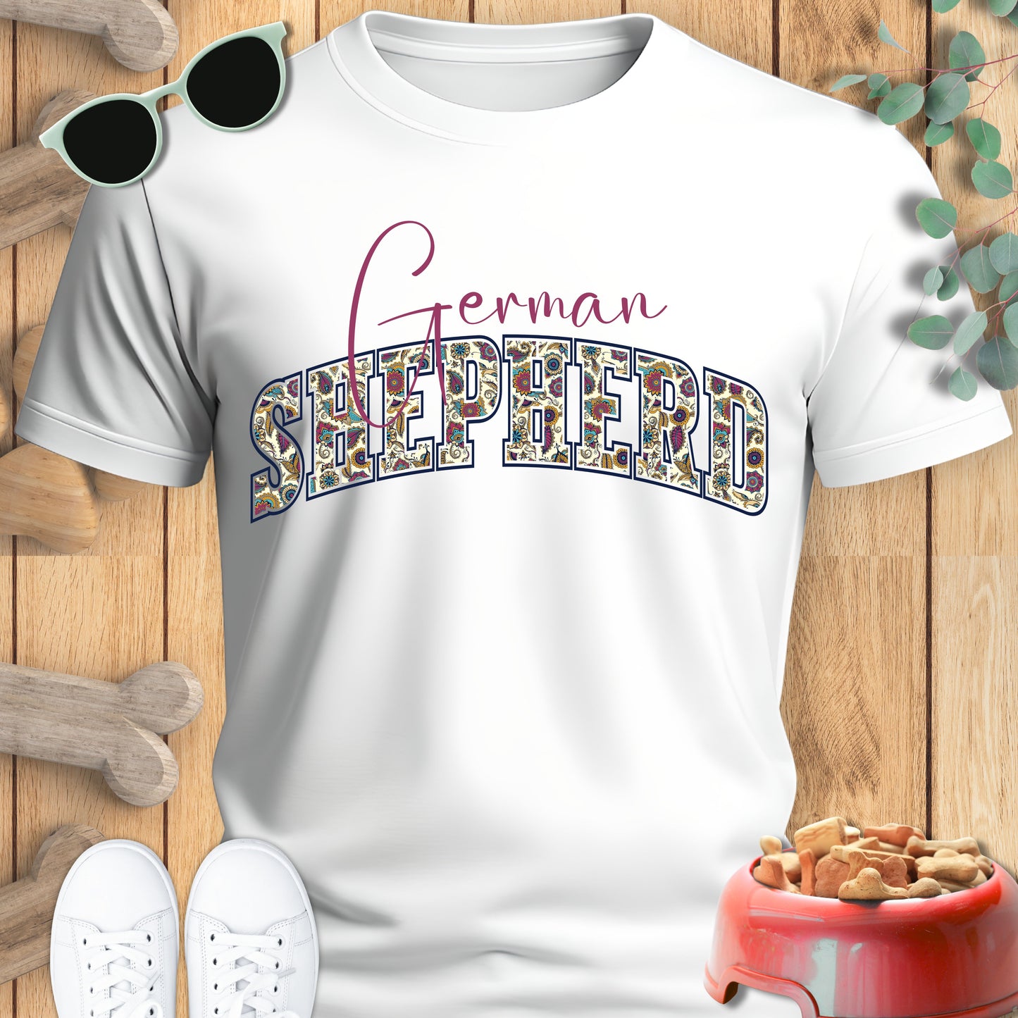 German shepherd tshirt in paisley design in white