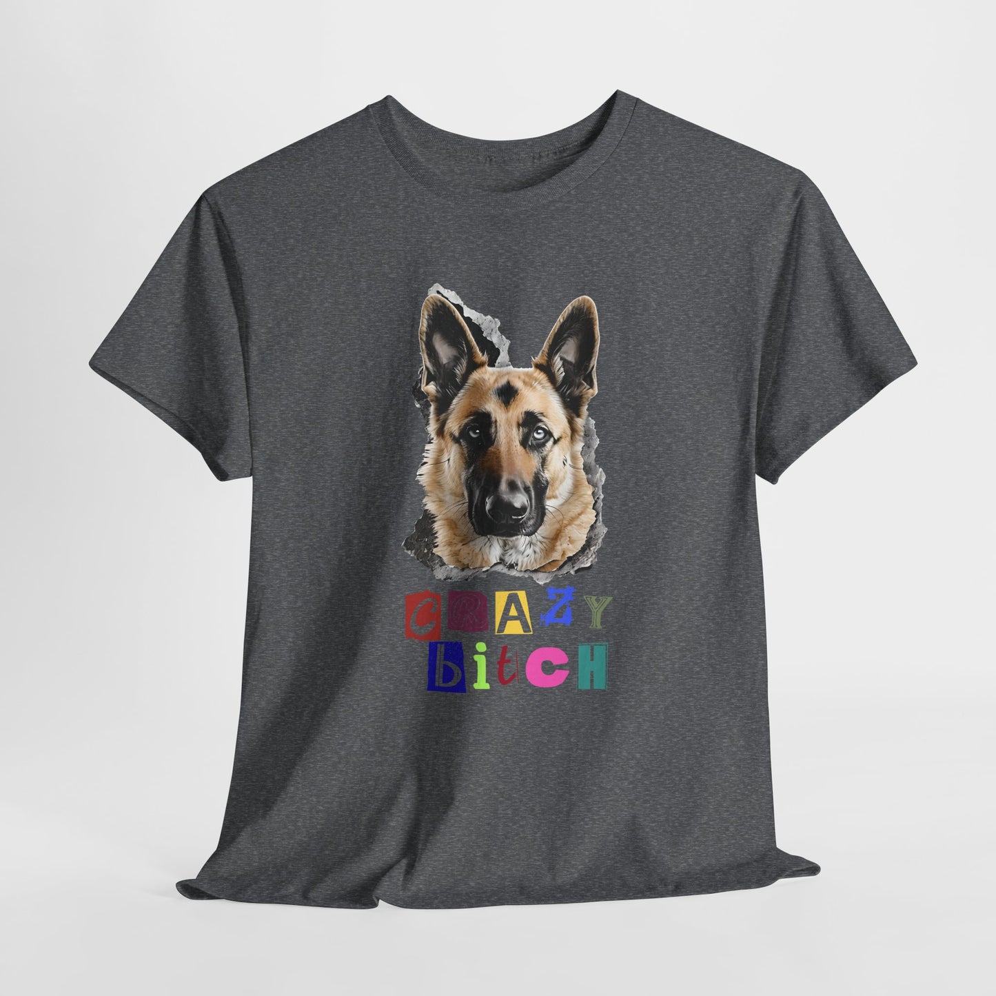 Gray t-shirt with a dog graphic and colorful text on a white background