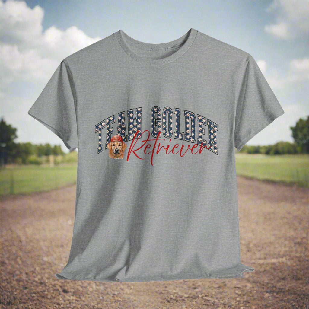 Gray t-shirt with 'The Golden Retriever' text and graphic on a white background