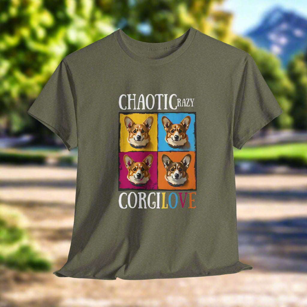 Green t-shirt with colorful corgi graphic and text on a white background
