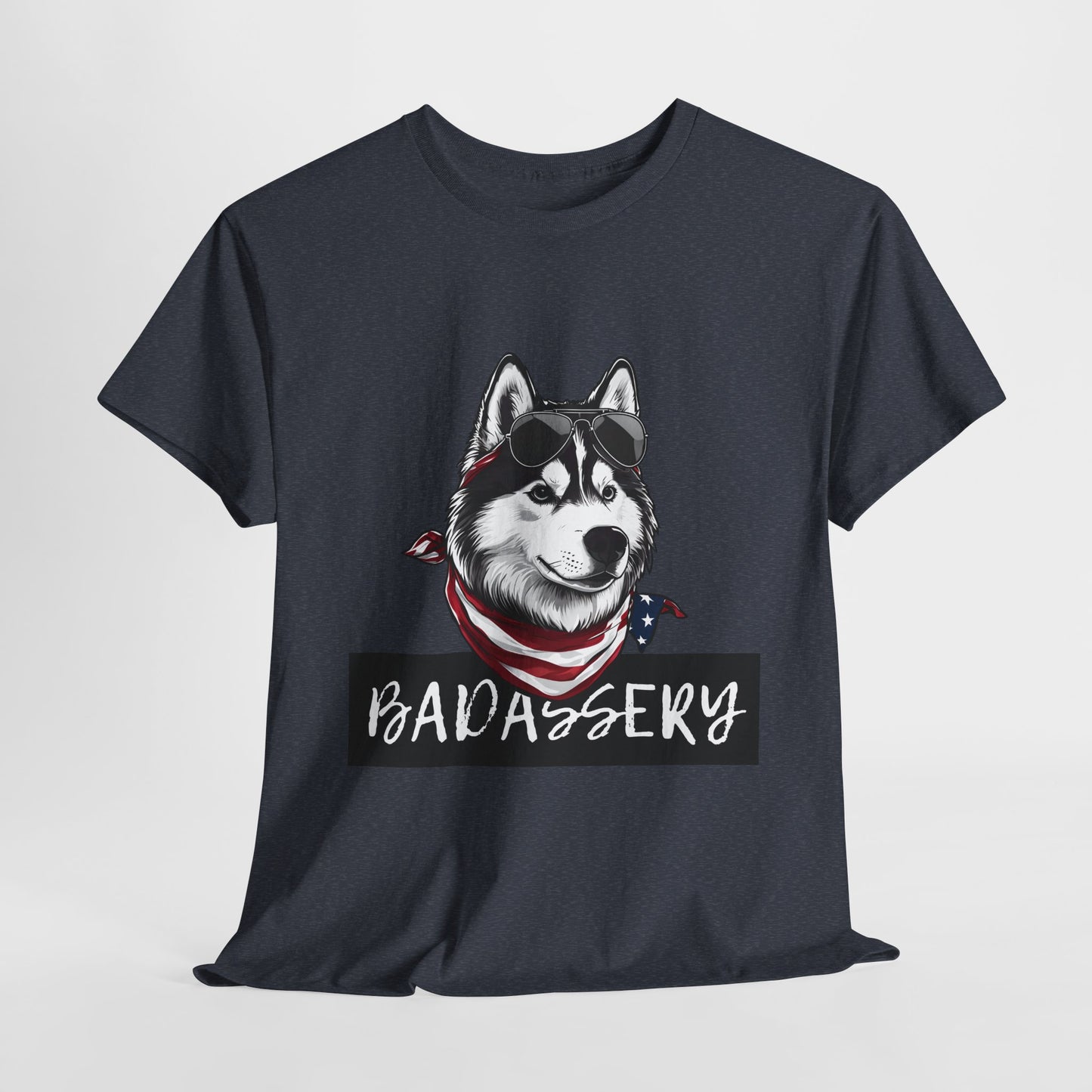HUSKY T SHIRT with HUSKY DOG Badassery graphic in dark heather