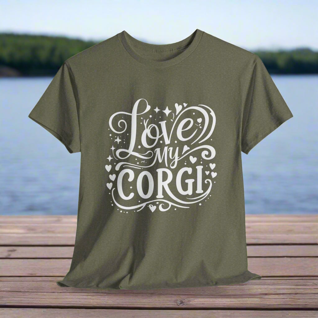 Heather Military Green t-shirt with 'Love My Corgi' text on a white background