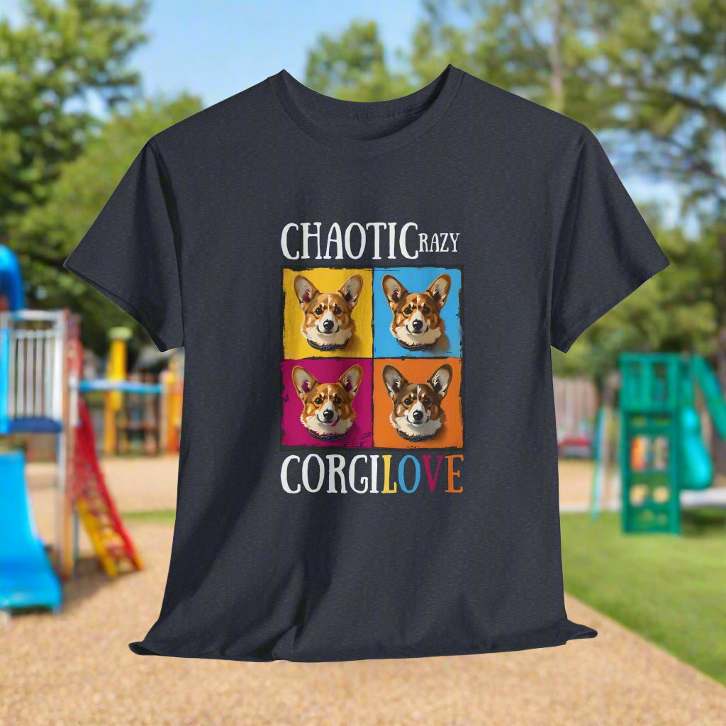 Heather Navy t-shirt with colorful corgi graphic and text on a white background