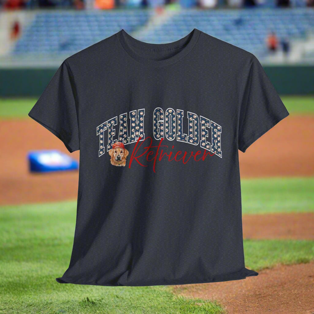 Heather navy t-shirt with 'Labrador Retriever' text and dog graphic on a white background