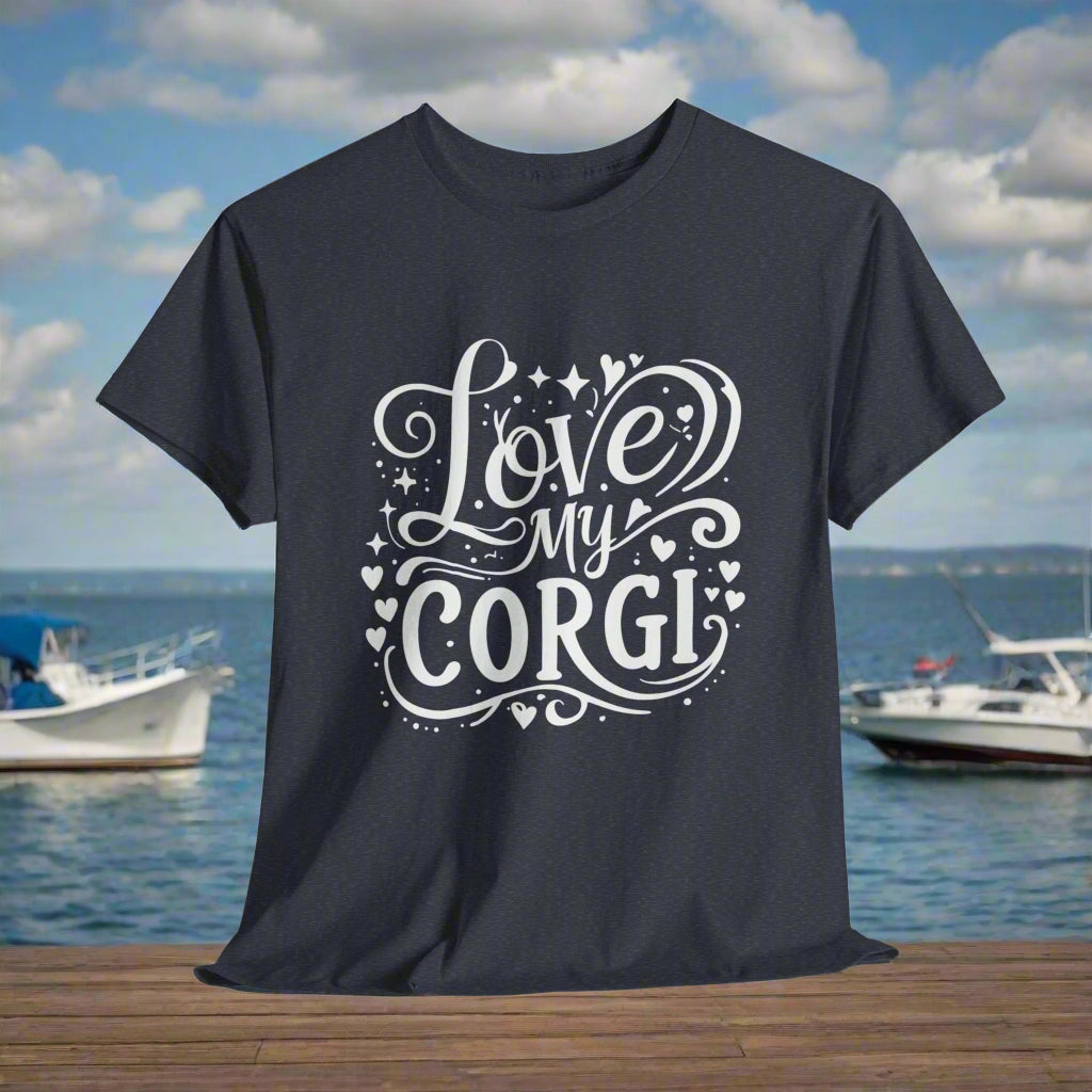 Heather Navy t-shirt with 'Love My Corgi' text on a light gray background