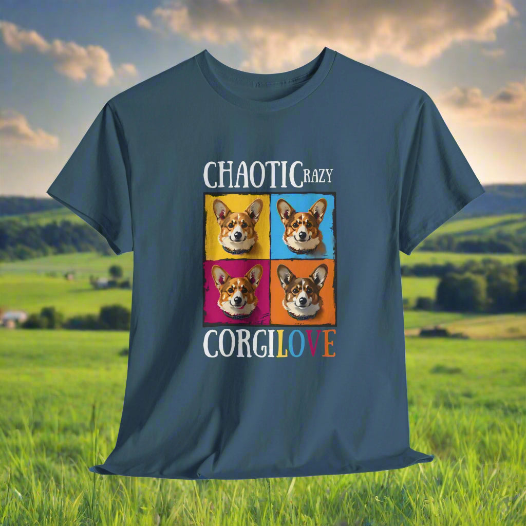 Indigo blue t-shirt with a graphic of four corgi dogs and text on a white background