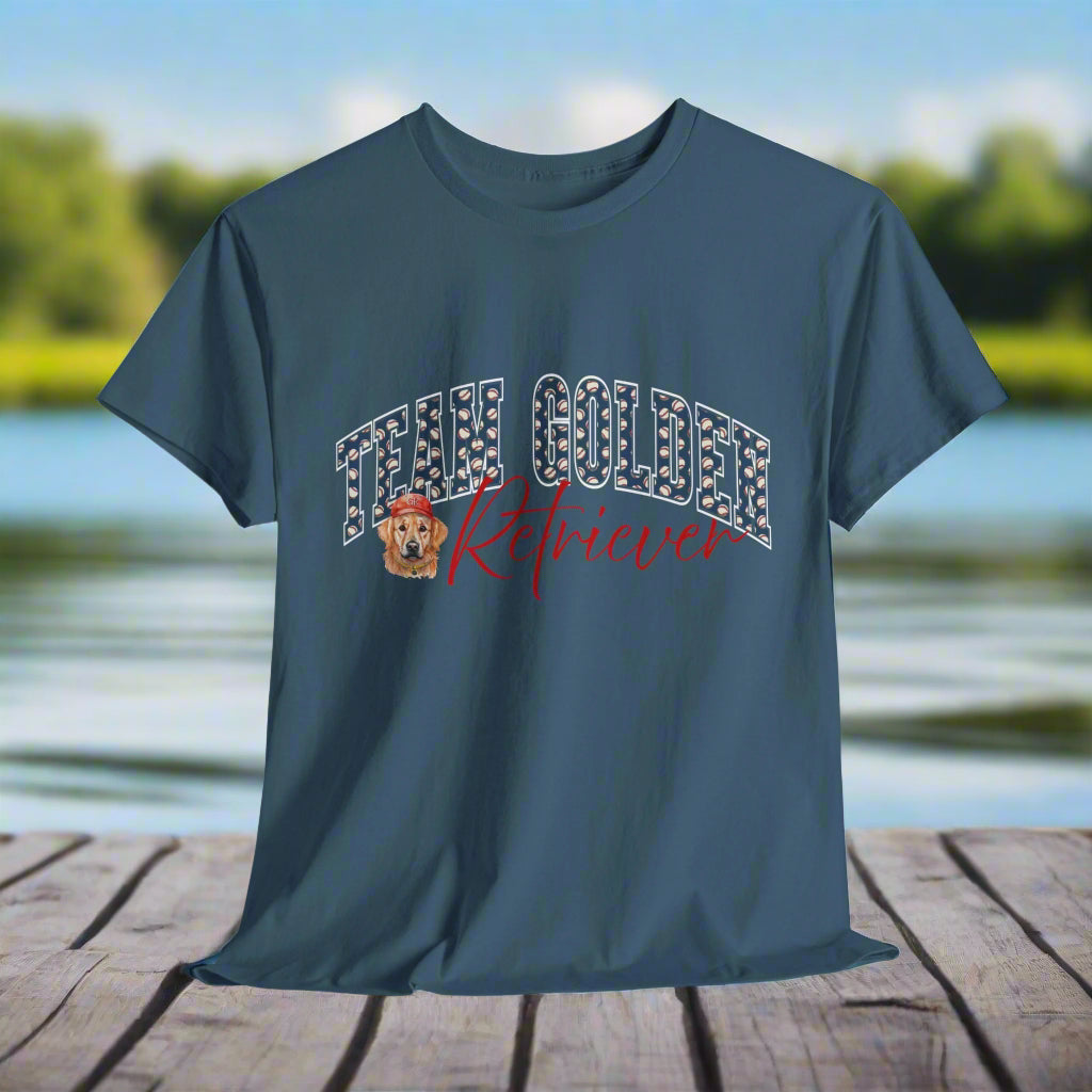 Blue t-shirt with 'Puppy Golden Retriever' text and graphic on a light gray background