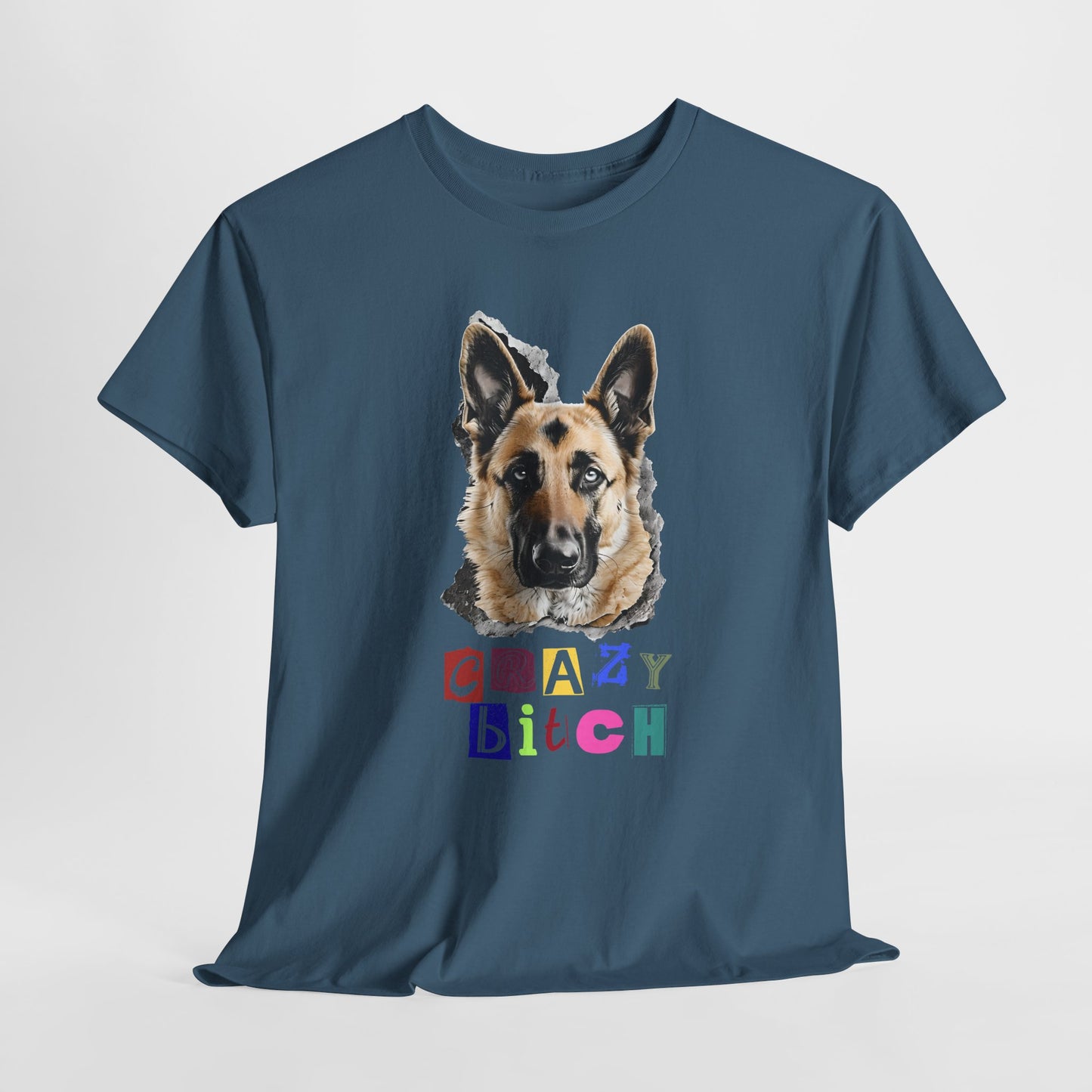 Indigo Blue t-shirt with a dog graphic and colorful text on a white background