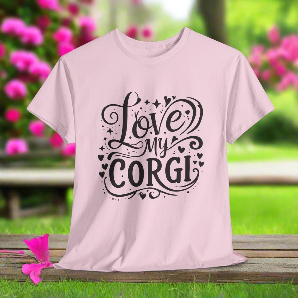 Light Pink t-shirt with 'Love my Corgi' text on a light gray background