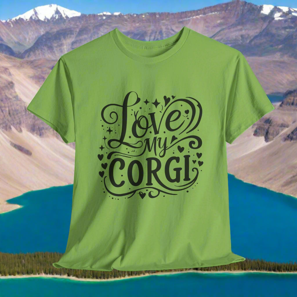 Lime t-shirt with 'Love my Corgi' text on a white background