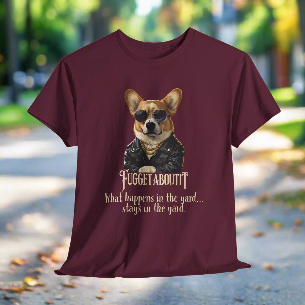 Maroon corgi tshirt with a dog graphic and text on a white background