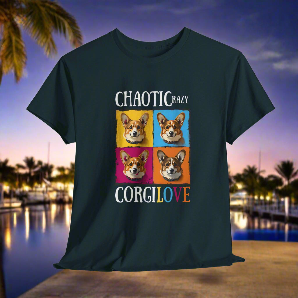 Midnight t-shirt with colorful corgi design and text on a light gray background