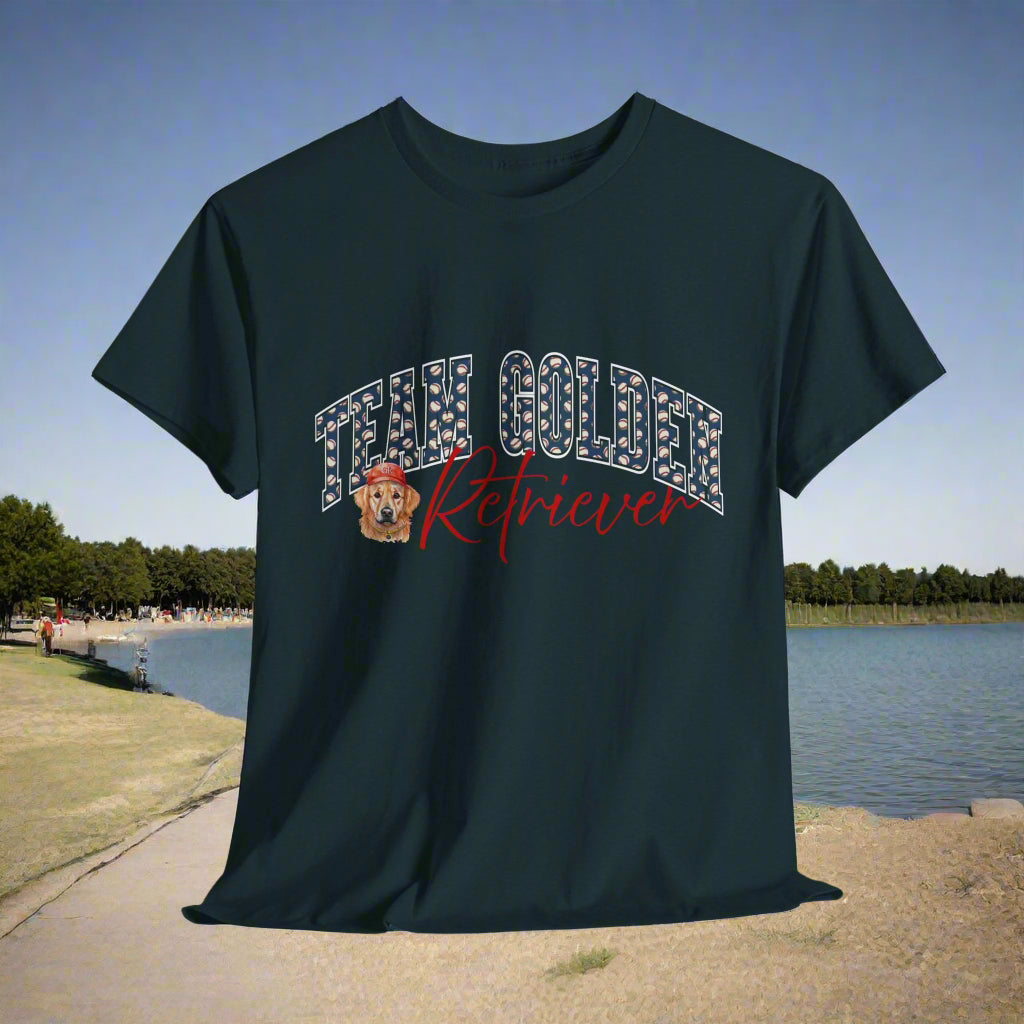 Midnight t-shirt with 'Team Golden Retriever' text and dog illustration on a white background