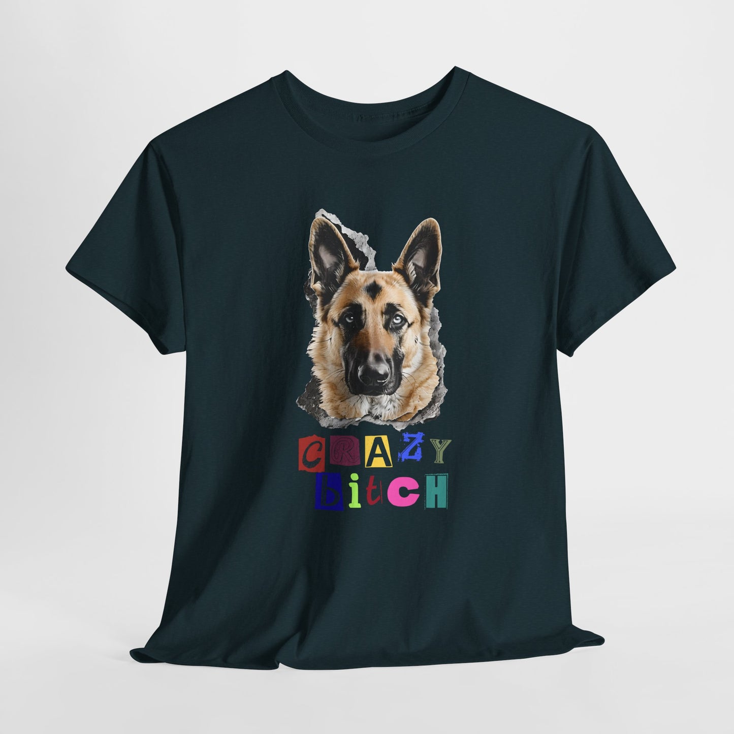 Midnight t-shirt with a dog graphic and colorful text on a white background